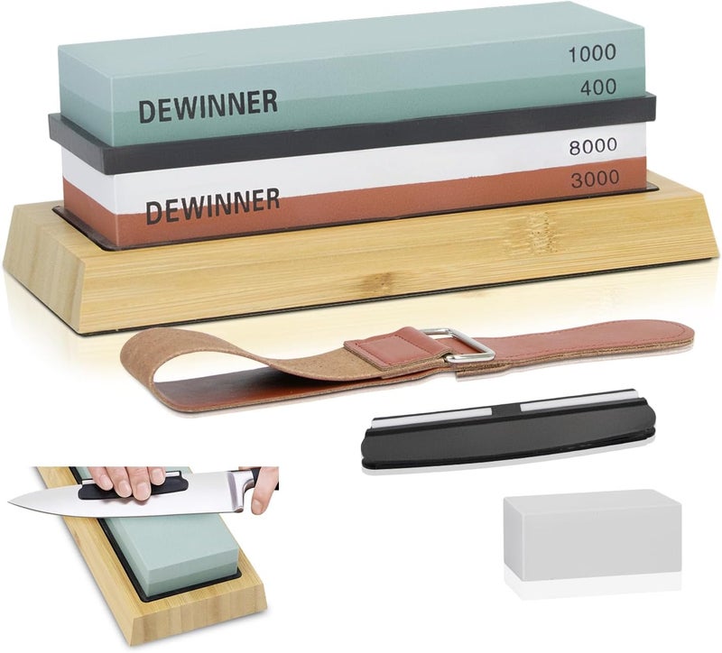 DEWINNER Knife Sharpening Stone, Whetstone Includes 4 Side Grit 400/1000 3000/8000, Non-Slip Bamboo Base, Angle Guide, Polishing Compound, Leather Strop, Flattening Whetstone Sharpening Kit - Image 1