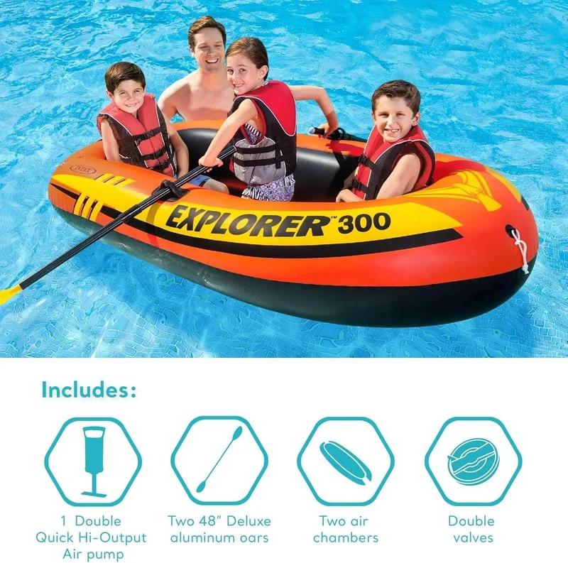 INTEX Rowing Riding Boat Set - Rowing Inflatable Boat Set - Pool and Sea Riding Boat Explorer 300 - 211X117X41 Cm.