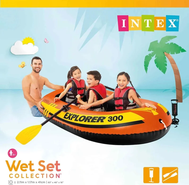 INTEX Rowing Riding Boat Set - Rowing Inflatable Boat Set - Pool and Sea Riding Boat Explorer 300 - 211X117X41 Cm.