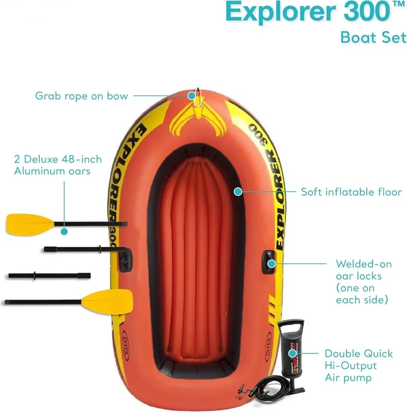 INTEX Rowing Riding Boat Set - Rowing Inflatable Boat Set - Pool and Sea Riding Boat Explorer 300 - 211X117X41 Cm.