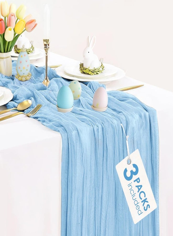 BLUETOP 3 Pack Baby Blue Table Runner Boho Gauze Cheesecloth Table Runner 120 Inches Long Light Blue Cheese Cloth Runner for Wedding Bridal Baby Shower Birthday Party Easter Decor - Image 1