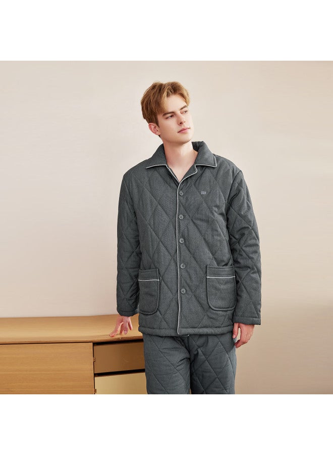 Meibiao Winter Couple Pajamas Pure Cotton Quilted Three-layer Thickened Warm Women's Homewear Set Men's Shadow Gray 2XL - Image 3