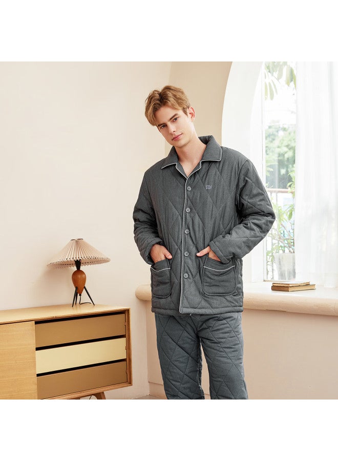 Meibiao Winter Couple Pajamas Pure Cotton Quilted Three-layer Thickened Warm Women's Homewear Set Men's Shadow Gray 2XL - Image 2
