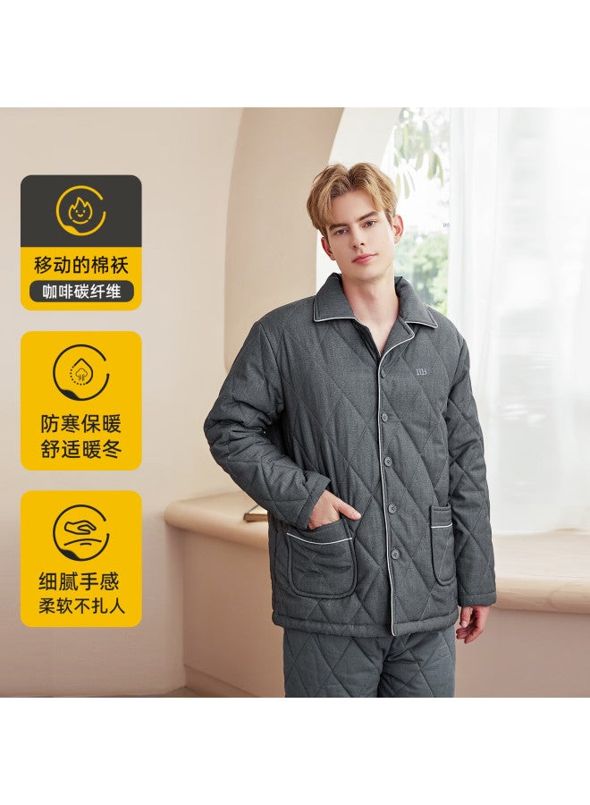 Meibiao Winter Couple Pajamas Pure Cotton Quilted Three-layer Thickened Warm Women's Homewear Set Men's Shadow Gray 2XL - Image 1