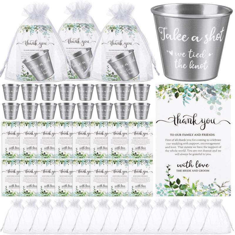CoscosX 60 Set Wedding Favors for Guests Bulk Includes 15 oz Stainless Steel Shot Glasses Thank You Cards with Organza Bags for Guest wedding Favors Set for Wedding Newlyweds Bridal Shower Gifts