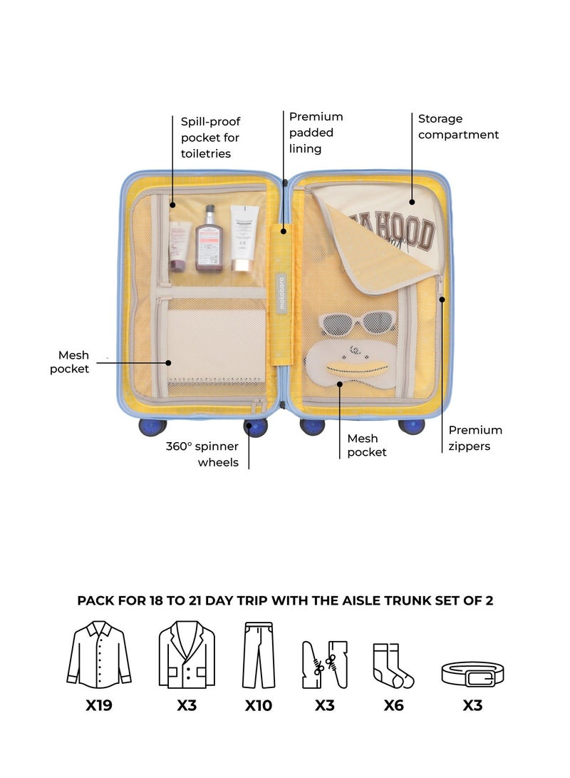 Mokobara Aisle Trunk Luggage Set of 2 | Cabin 40L + Check-in 70L | German Makrolon Hardshell | TSA Lock, YKK Zippers & Silent Ninja Wheels | Blue (Shy Blue) - Image 5