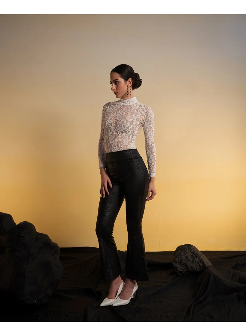 أوهسوفلي بنطلون نسائي جلدي فاخر بخصر عالٍ وأرجل واسعة بتصميم كلاسيكي أنيق