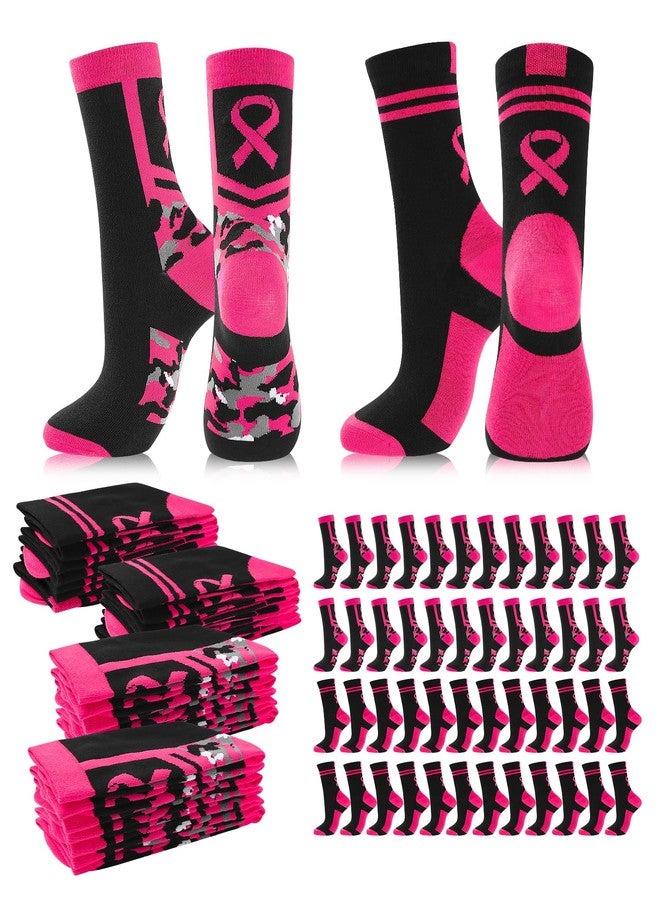 Leorate 24 Pairs Breast Cancer Awareness Pink Ribbon Socks, Comfortable Soft Pink Black Mid-calf Soccer Socks for Women Men Children, Moisture-Wicking Fabric Athletic Socks Bulk (2 Combination Sets) - Image 1