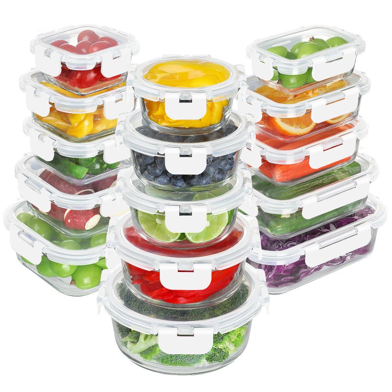 BAYZZ 30 Piece Glass Food Storage Containers Set, Glass Meal Prep Containers with Lids, Airtight Lunch Box, BPA-Free, Microwave, Freezer & Dishwasher Safe,White - Image 1