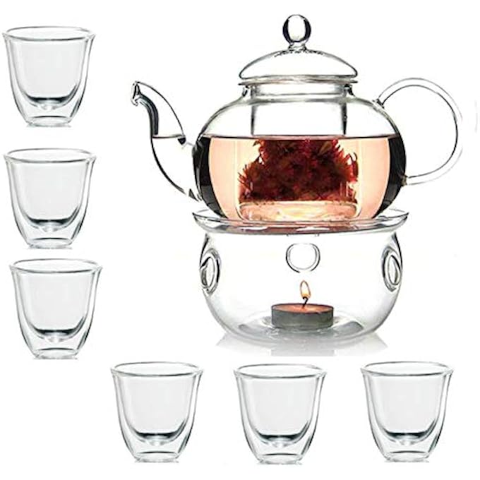 لاش مجموعة أباريق الشاي الزجاجية المقاومة للحرارة من البورسليكات، إبريق شاي مع مصفاة سعة 800 مل، سخان شاي سعة 80 مل، كوب مزدوج الجدار، 6 قطع - Image 1