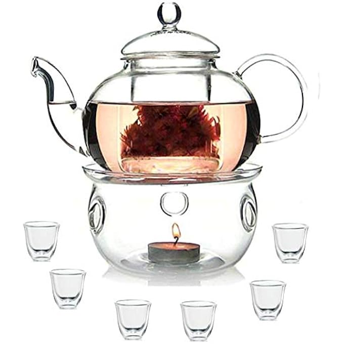 لاش مجموعة أباريق الشاي الزجاجية المقاومة للحرارة من البورسليكات، إبريق شاي مع مصفاة سعة 800 مل، سخان شاي سعة 80 مل، كوب مزدوج الجدار، 6 قطع - Image 5