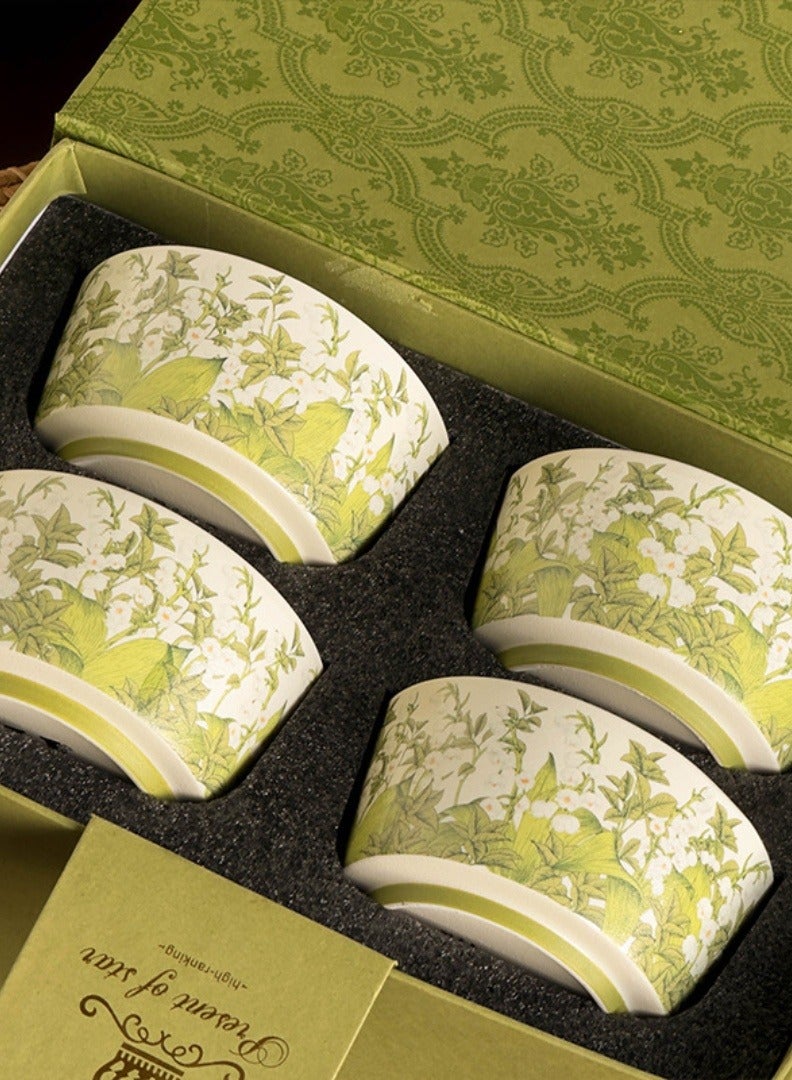 مجموعة أوعية سيراميك عالية الجودة باللون الكريمي مع نقش زهور الليموني الأخضر، مجموعة من 4 قطع - Image 1