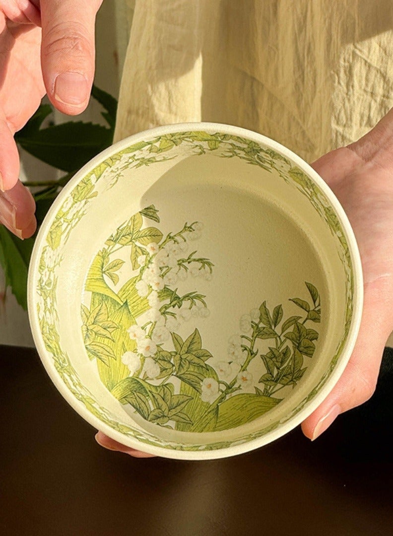 مجموعة أوعية سيراميك عالية الجودة باللون الكريمي مع نقش زهور الليموني الأخضر، مجموعة من 4 قطع - Image 3