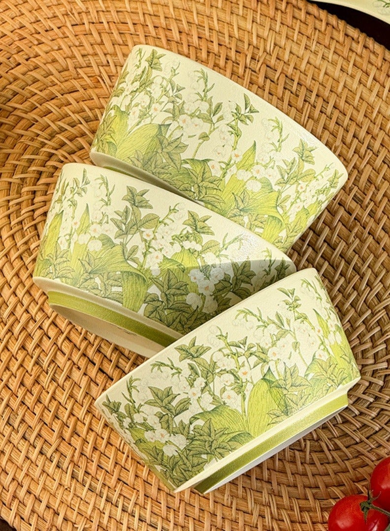 مجموعة أوعية سيراميك عالية الجودة باللون الكريمي مع نقش زهور الليموني الأخضر، مجموعة من 4 قطع - Image 2