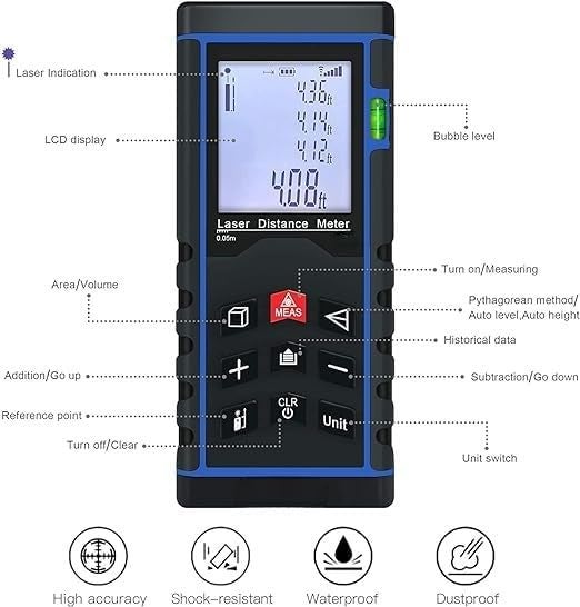 Real Instruments Real Instruments Laser Distance MeterDistance MeterLaser Measurer Waterproof Level 120M Portable Laser Range Finder Distance Measuring Tape with Carry Pouch 120Mtr 393Ft 4724Inch LDM120M  - Image 2