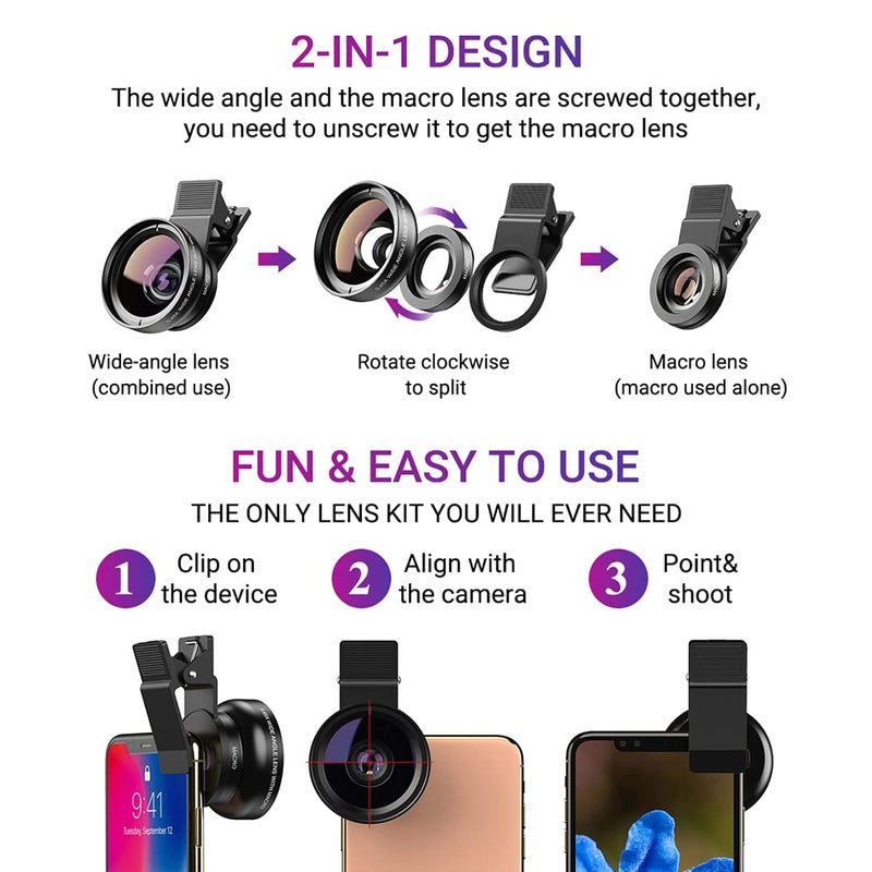 APEXEL Universal Phone Camera Lens Kit, 0.45X Wide Angle Lens 140°+12.5X Macro Lens, Clip-on Phone Lens for iPhone, Samsung and Most Android Smartphones - Image 3