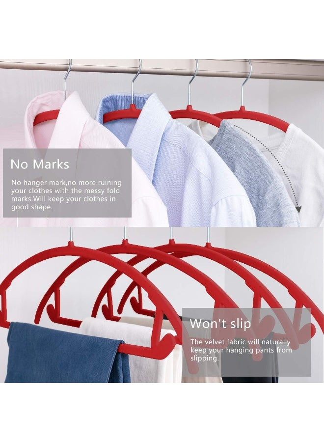 MIZGI MIZGI Premium Velvet Hangers (Pack of 50) Heavyduty- Non Slip No Shoulder Bump Suit Hangers - Chrome Hooks, Space Saving Clothes Hangers, Rounded Hangers for Coat, Sweater, Jackets, Pants (Red)  - Image 5