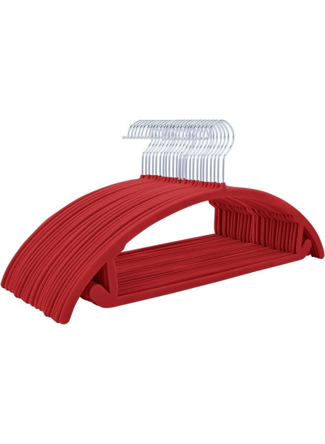 MIZGI MIZGI Premium Velvet Hangers (Pack of 50) Heavyduty- Non Slip No Shoulder Bump Suit Hangers - Chrome Hooks, Space Saving Clothes Hangers, Rounded Hangers for Coat, Sweater, Jackets, Pants (Red)  - Image 1