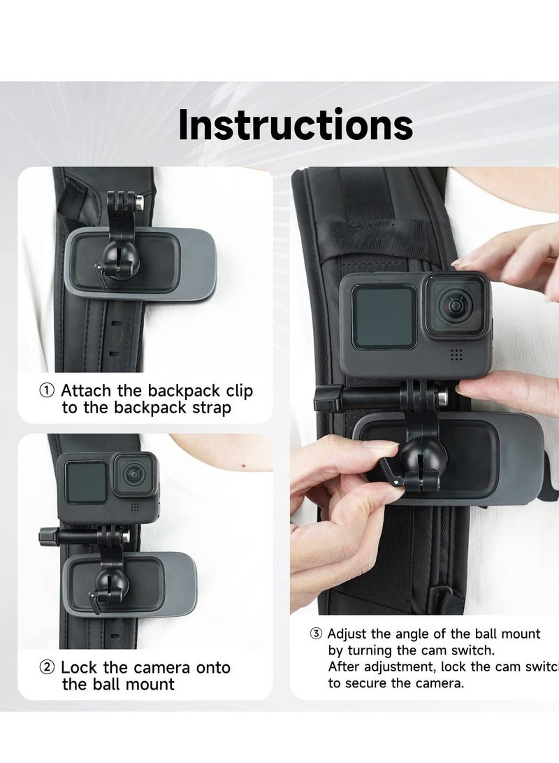 Swivel Backpack Clip Mount with Ball Head Pivot Arm, Bag Shoulder Body Strap Holder Attach for GoPro Max Hero 11 10 9 8 7 6 5, Insta360 X2 X3, DJI Action 2 3 Accessories - Image 4