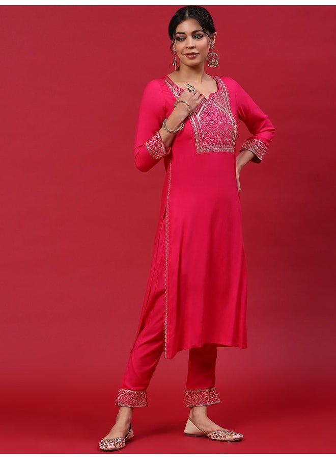 AKS Red & Blue Embroidered Kurta & Pant With Printed Dupatta Set  - Image 4