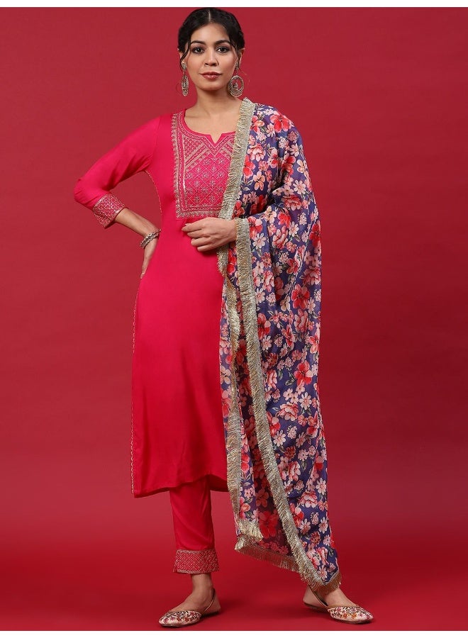 AKS Red & Blue Embroidered Kurta & Pant With Printed Dupatta Set  - Image 5