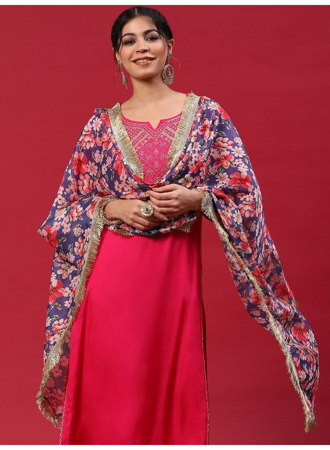 AKS Red & Blue Embroidered Kurta & Pant With Printed Dupatta Set  - Image 1