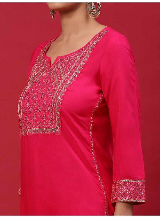 AKS Red & Blue Embroidered Kurta & Pant With Printed Dupatta Set  - Image 2
