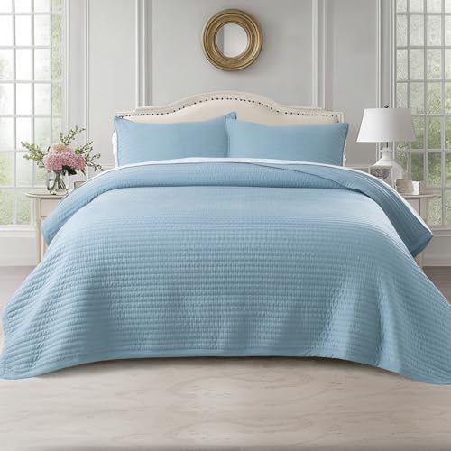 KASENTEX Twin Quilt Set 68"x86" – Soft Washed 3-Layer Lightweight Bedspread, Minimalist Nordic Design, All-Season Spring & Summer Quilt Set (1 Quilt + 2 Pillow Shams), Blue - Image 1
