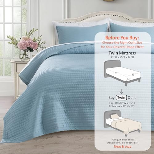KASENTEX Twin Quilt Set 68"x86" – Soft Washed 3-Layer Lightweight Bedspread, Minimalist Nordic Design, All-Season Spring & Summer Quilt Set (1 Quilt + 2 Pillow Shams), Blue - Image 3
