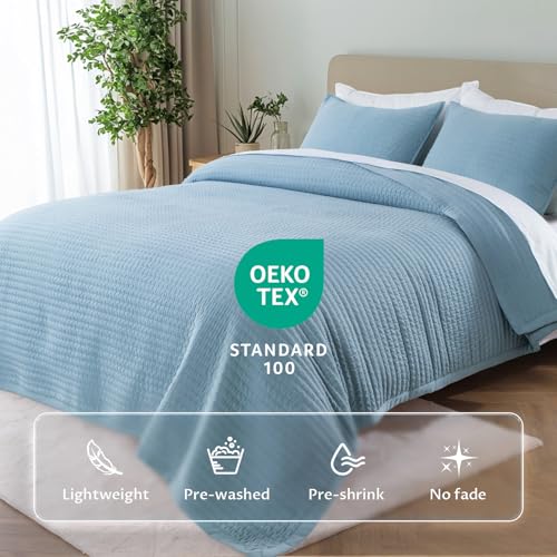 KASENTEX Twin Quilt Set 68"x86" – Soft Washed 3-Layer Lightweight Bedspread, Minimalist Nordic Design, All-Season Spring & Summer Quilt Set (1 Quilt + 2 Pillow Shams), Blue - Image 2