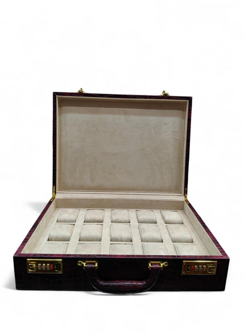Al Seraj Premium Croco Rexine 15-Slot Watch Box Organizer with Lock | Luxury Briefcase Style Watch Storage Case with Soft Beige Suede Interior | Elegant Travel & Display Watch Holder | Gift-Ready Men’s Timepiece Jewelry Box - Image 1