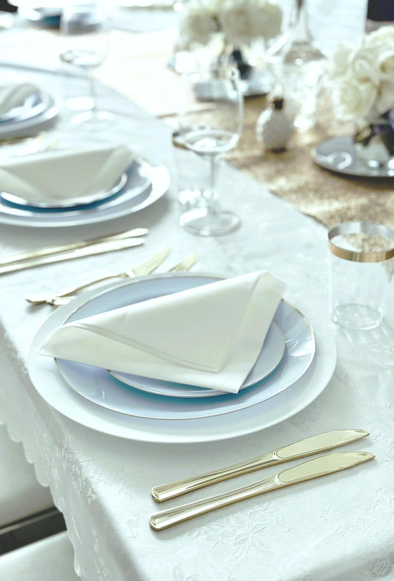 OCCASIONS FINEST PLA "" OCCASIONS "" 50 Plates Pack (25 Guests)-Wedding Party Disposable Plastic Plate Set -25 x 10.25'' Dinner + 25 x 7.5'' Salad & Dessert plates (Bali in Blue & Gold) - Image 4