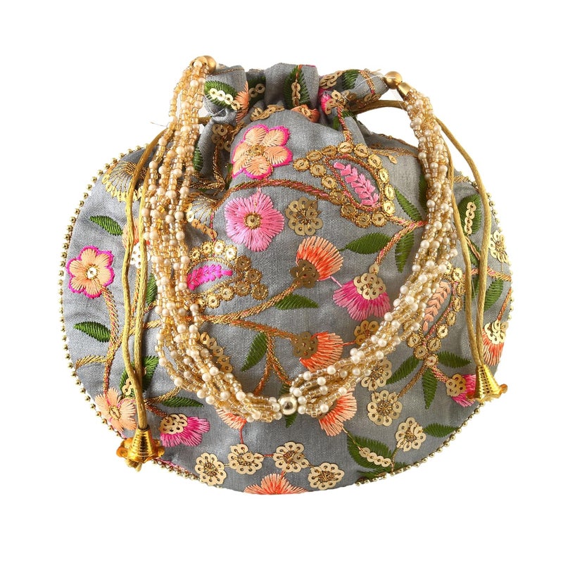 BINORI Rajasthani Style Royal Clutch Silk Batwa Bag Wristlets Embroidered Potli Bag With Floral Design, Pearl Handle, Traditional Drawstring Purse - Image 1
