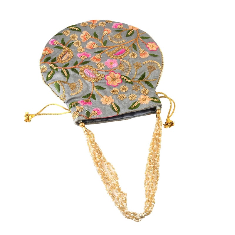 BINORI Rajasthani Style Royal Clutch Silk Batwa Bag Wristlets Embroidered Potli Bag With Floral Design, Pearl Handle, Traditional Drawstring Purse - Image 2