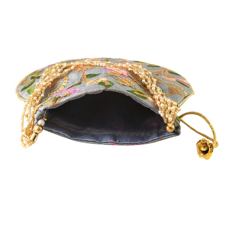 BINORI Rajasthani Style Royal Clutch Silk Batwa Bag Wristlets Embroidered Potli Bag With Floral Design, Pearl Handle, Traditional Drawstring Purse - Image 3