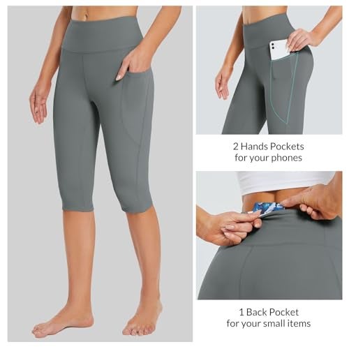 baleaf Women's Yoga Capri Pants Knee Length Leggings High Waisted Petite Casual Workout Exercise Capris with Pockets Gray L - Image 2