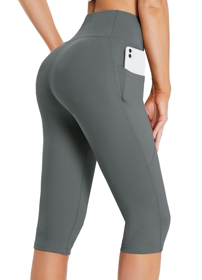 baleaf Women's Yoga Capri Pants Knee Length Leggings High Waisted Petite Casual Workout Exercise Capris with Pockets Gray L - Image 1