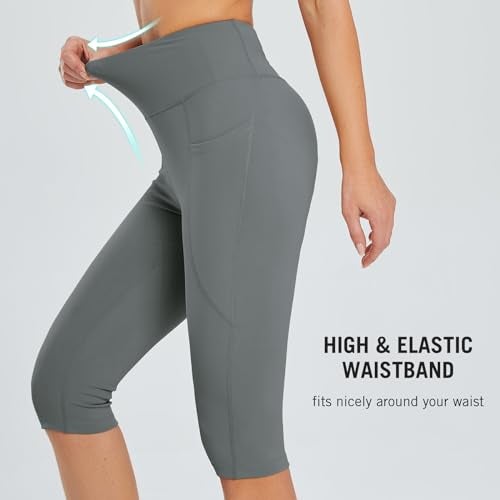 baleaf Women's Yoga Capri Pants Knee Length Leggings High Waisted Petite Casual Workout Exercise Capris with Pockets Gray L - Image 3