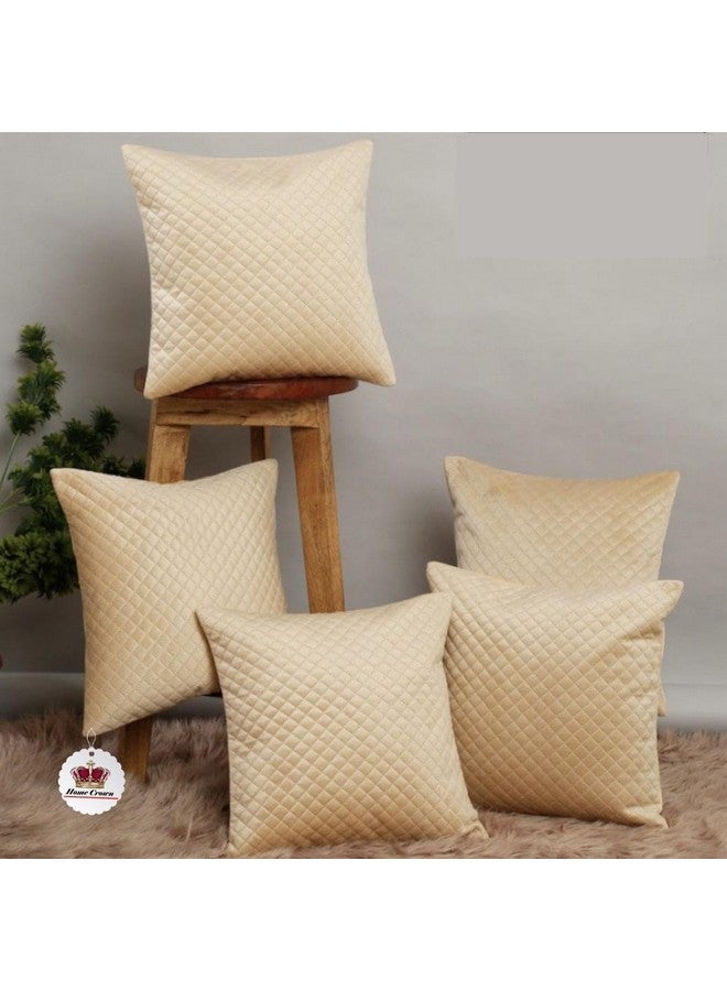 HOMECROWN 16x16 Inch Quilted Velvet Cushion Covers Set of 5 - Soft Decorative Throw Pillow Cases for Sofa, Couch, Bed, and Living Room - Zipper Closure, Beige - Image 1