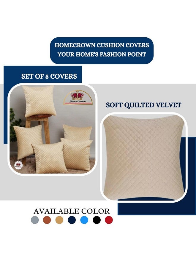 HOMECROWN 16x16 Inch Quilted Velvet Cushion Covers Set of 5 - Soft Decorative Throw Pillow Cases for Sofa, Couch, Bed, and Living Room - Zipper Closure, Beige - Image 4