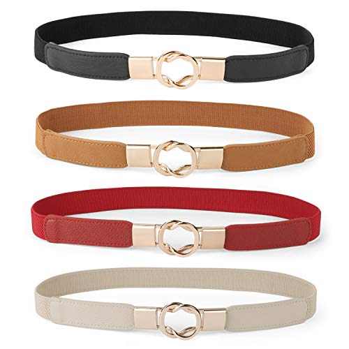 WERFORU Women Skinny Belt for Dresses Retro Stretch Waist Belt with Gold Buckle Set of 4,Black+Brown+Beige+Red - Image 1