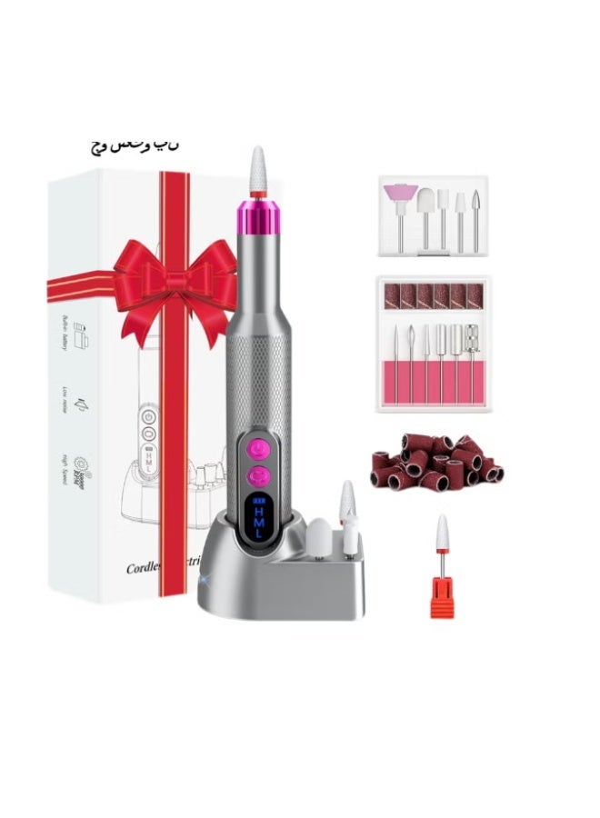 Electric Nail Drill Professional Manicure Pedicure Kit, Cordless Rechargeable Nail File Set, 18000RPM Electric Nail Drill Machine with 3 Speeds, Forward Reverse Rotation, Wireless Charging Base, 12 Drill Bits & 36 Sanding Bands for Acrylic Gel Nails - Image 1