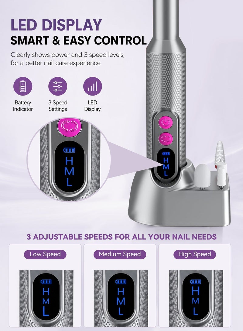 Electric Nail Drill Professional Manicure Pedicure Kit, Cordless Rechargeable Nail File Set, 18000RPM Electric Nail Drill Machine with 3 Speeds, Forward Reverse Rotation, Wireless Charging Base, 12 Drill Bits & 36 Sanding Bands for Acrylic Gel Nails - Image 3