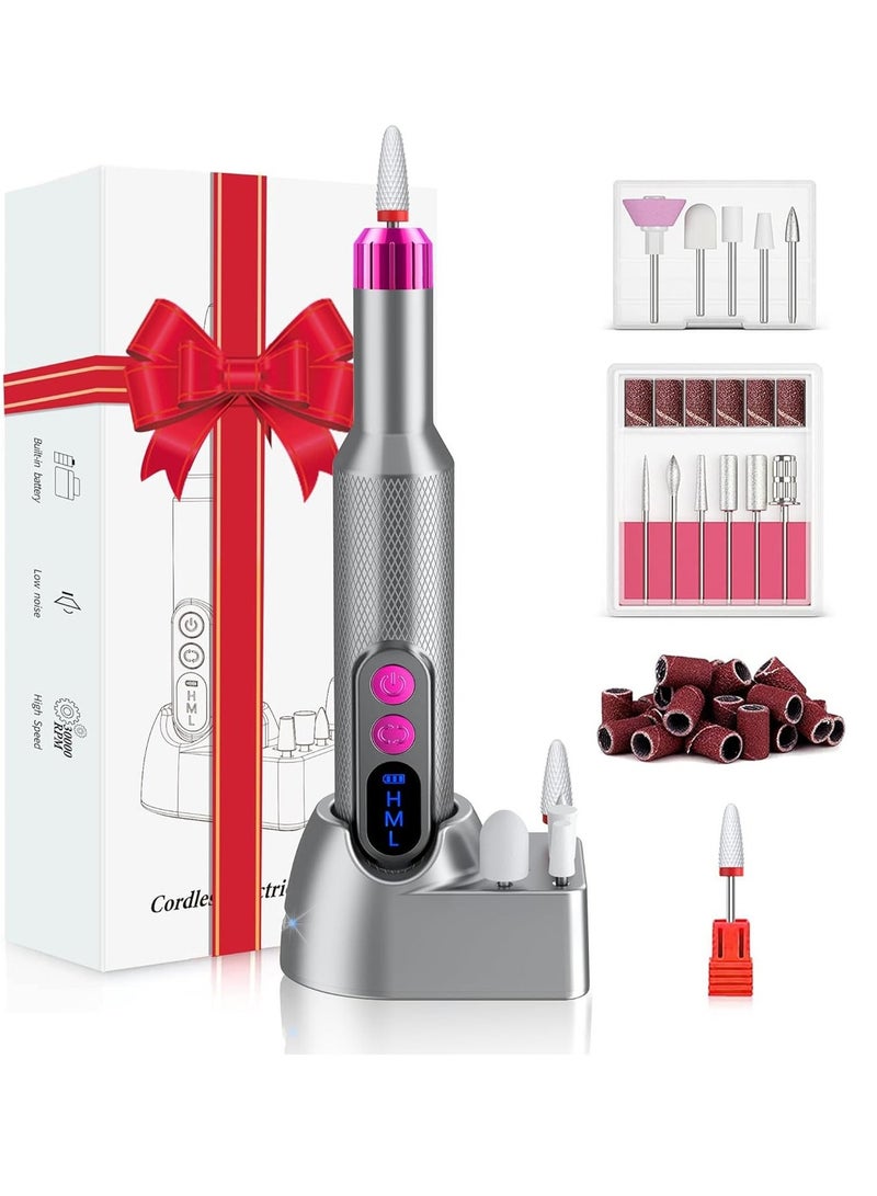 Electric Nail Drill Professional Manicure Pedicure Kit, Cordless Rechargeable Nail File Set, 18000RPM Electric Nail Drill Machine with 3 Speeds, Forward Reverse Rotation, Wireless Charging Base, 12 Drill Bits & 36 Sanding Bands for Acrylic Gel Nails - Image 1