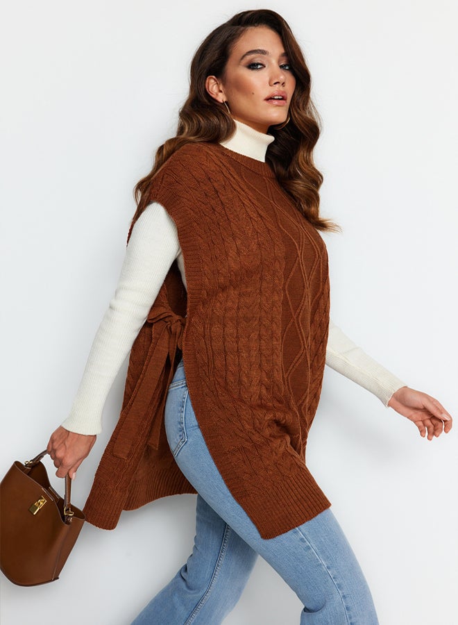 trendyol Brown Tie Waist Braided Knitwear Sweater TCTAW22UV0018  - Image 1