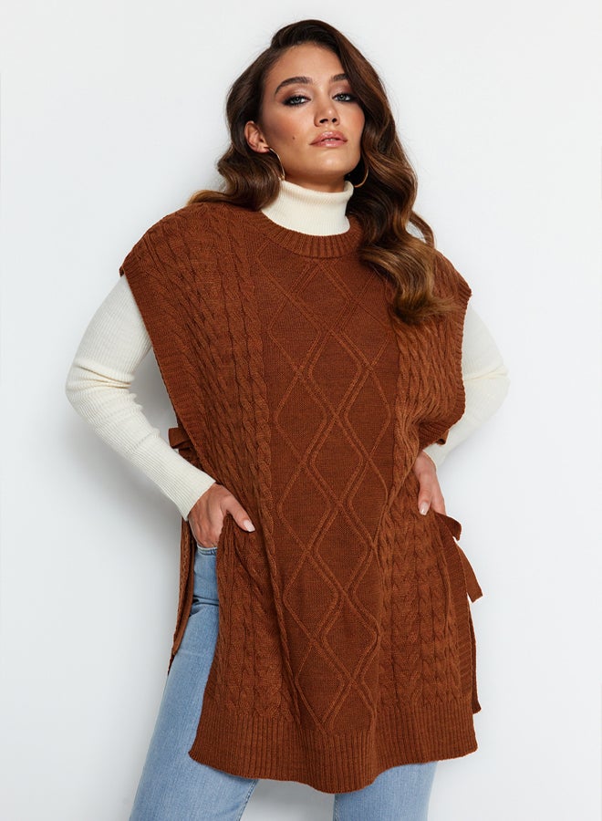 trendyol Brown Tie Waist Braided Knitwear Sweater TCTAW22UV0018  - Image 3