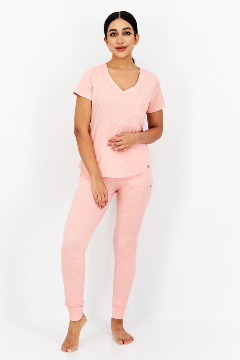 Avalanche Women 2 Piece Heather Top And Jogger Pajama, Coral - Image 1