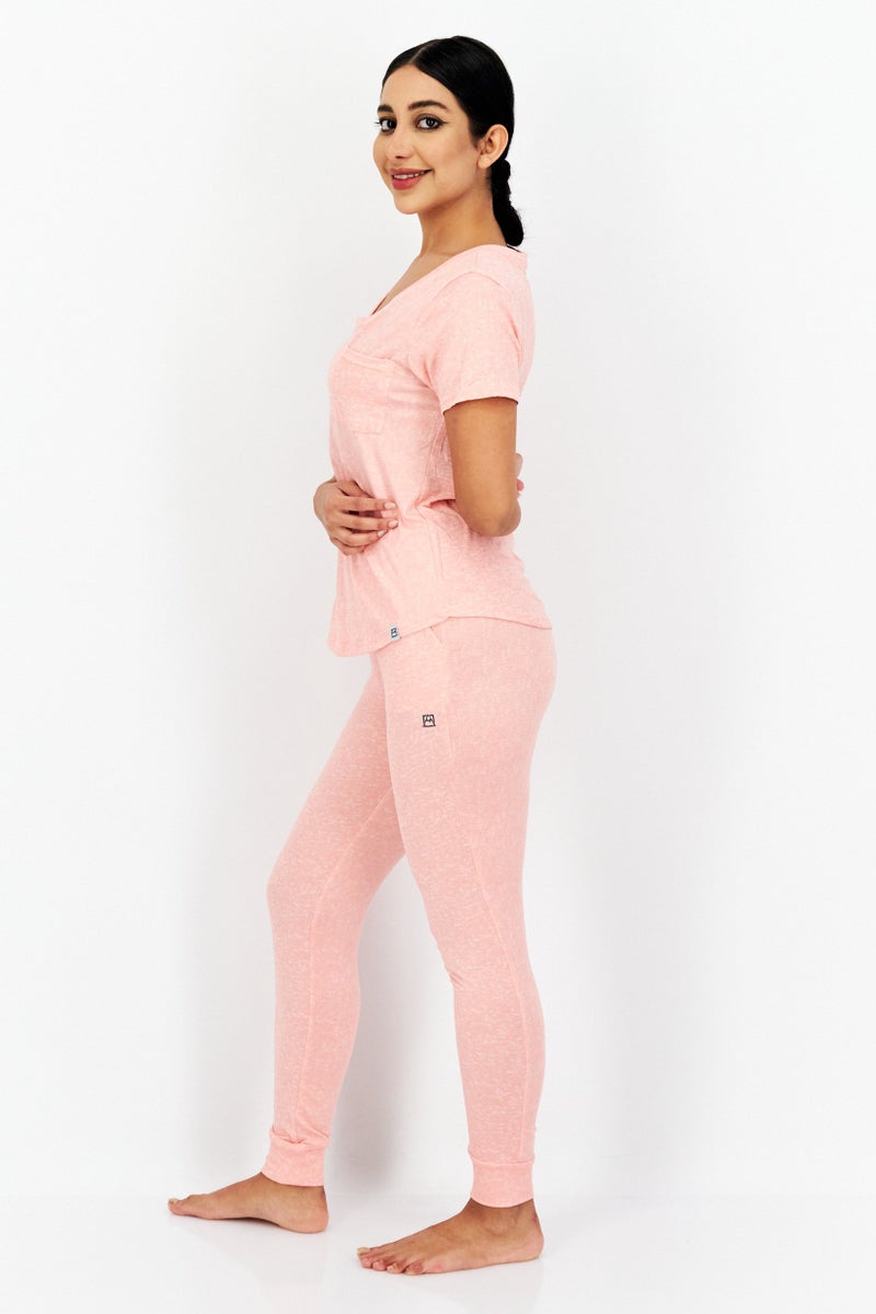 Avalanche Women 2 Piece Heather Top And Jogger Pajama, Coral - Image 3