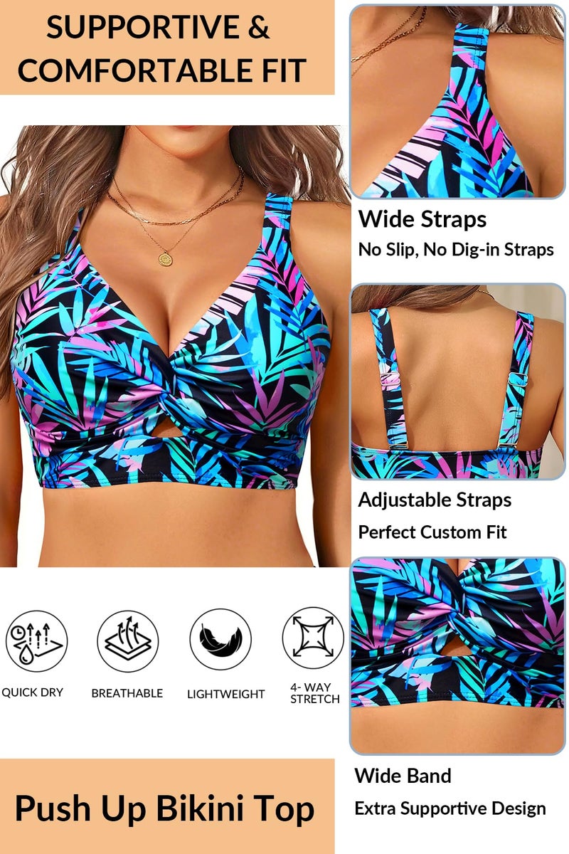 Yonique Women Bikini Top Only - Supportive Swim Tops Large Bust Swimsuit 2025 Cut Out Twist Bathing Suit Black and Blue Leaves L - Image 4