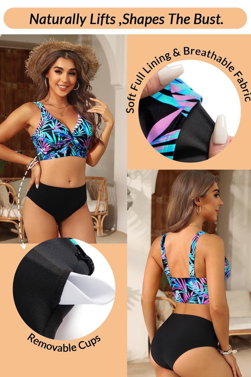 Yonique Women Bikini Top Only - Supportive Swim Tops Large Bust Swimsuit 2025 Cut Out Twist Bathing Suit Black and Blue Leaves L - Image 5